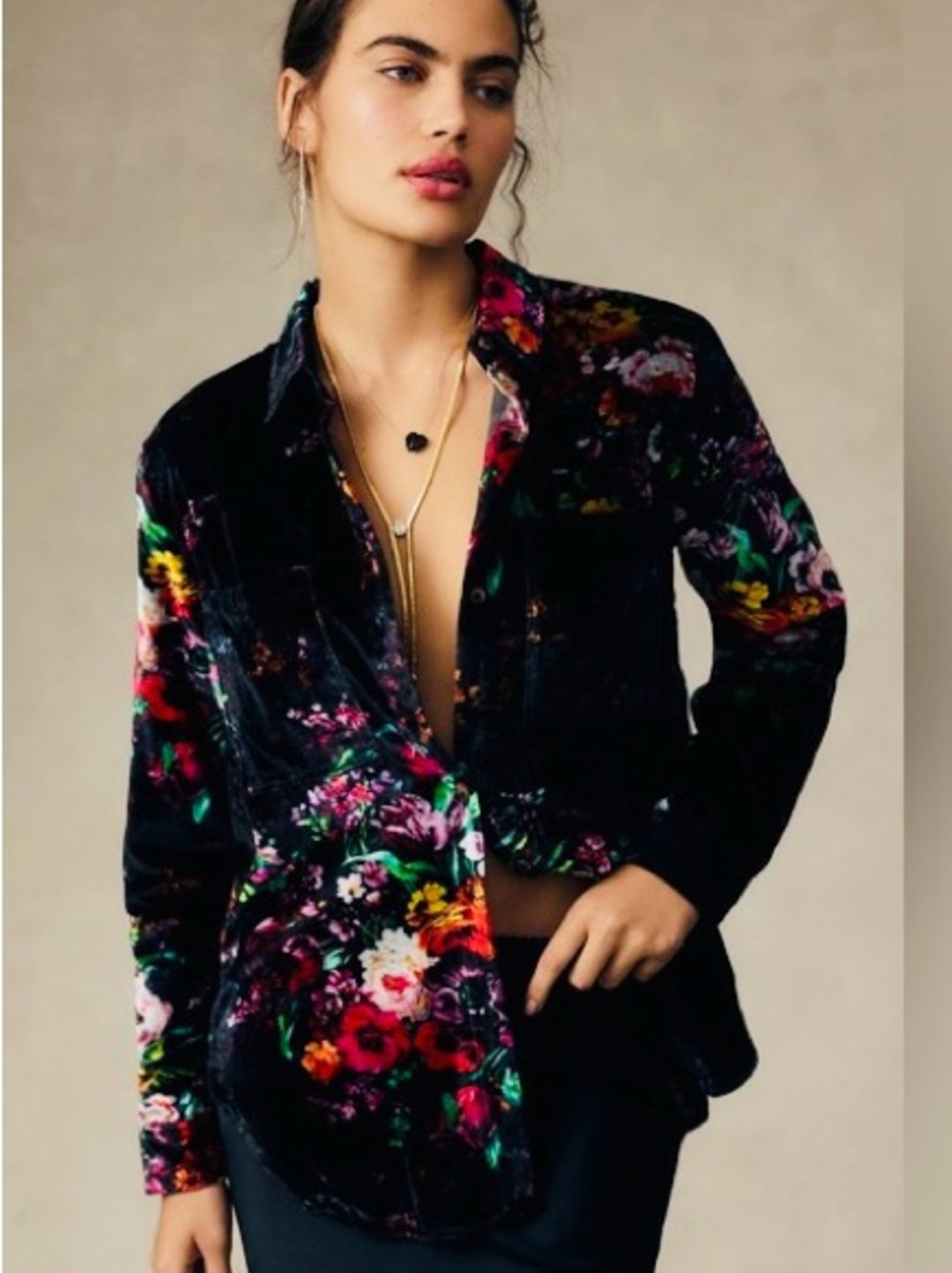 Pilcro Hadley Black Velvet Floral Button- Relaxing fit